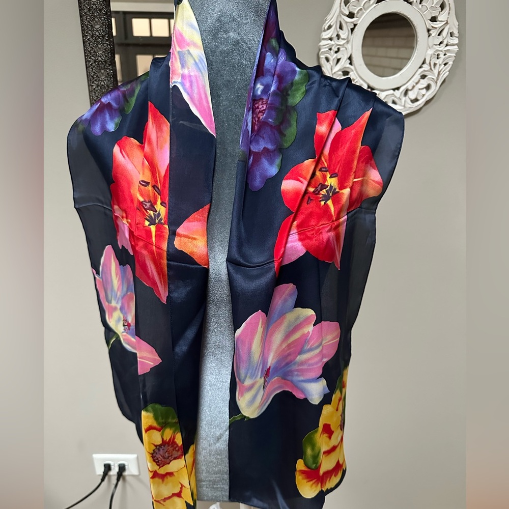 Navy blue large flower floral print echo scarf neck tie belt headband oblong